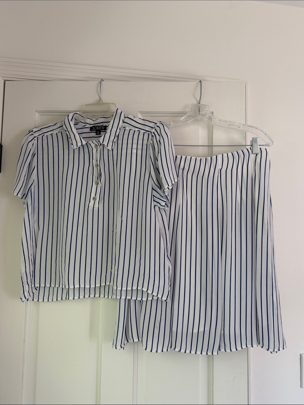 J. Crew White Top and Skirt Set with Navy Vertical Stripes.